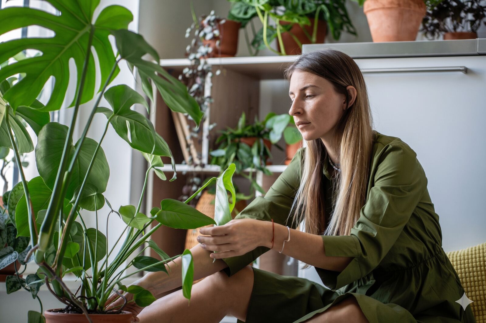 Plant parent tending to a monstera houseplant in a sunlit room full of greenery