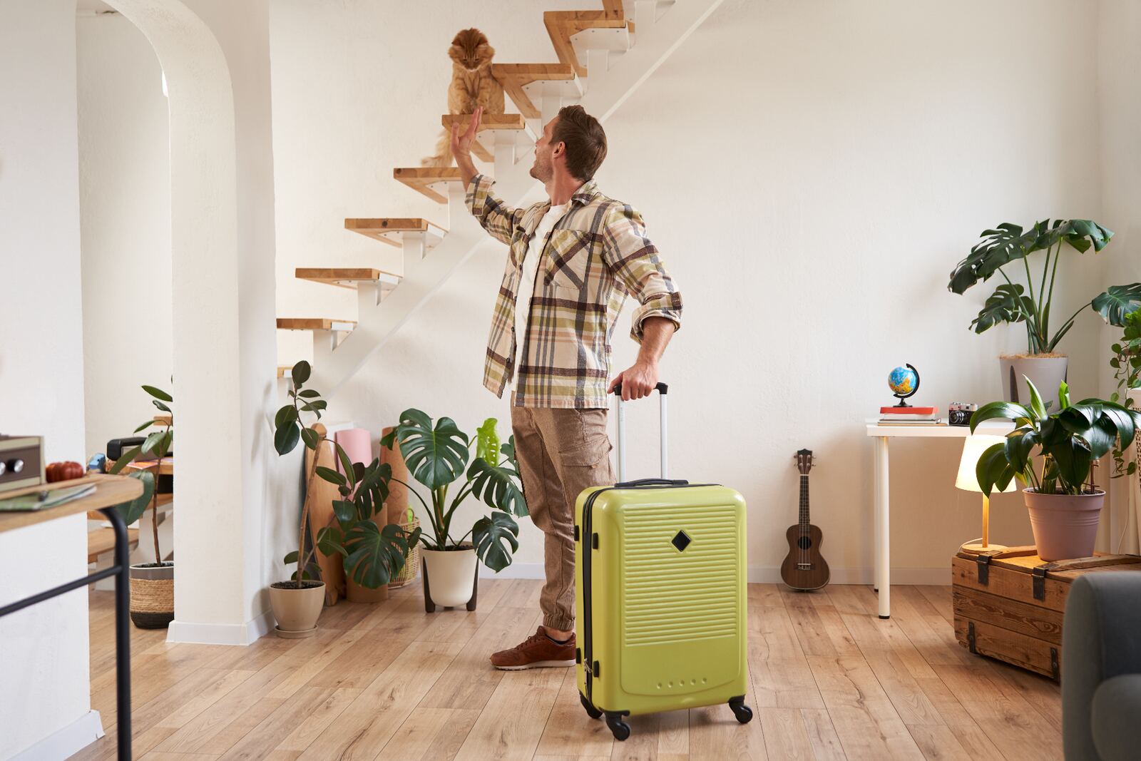 Traveler with suitcase saying goodbye to cat, leaving healthy houseplants behind with RootBeacon